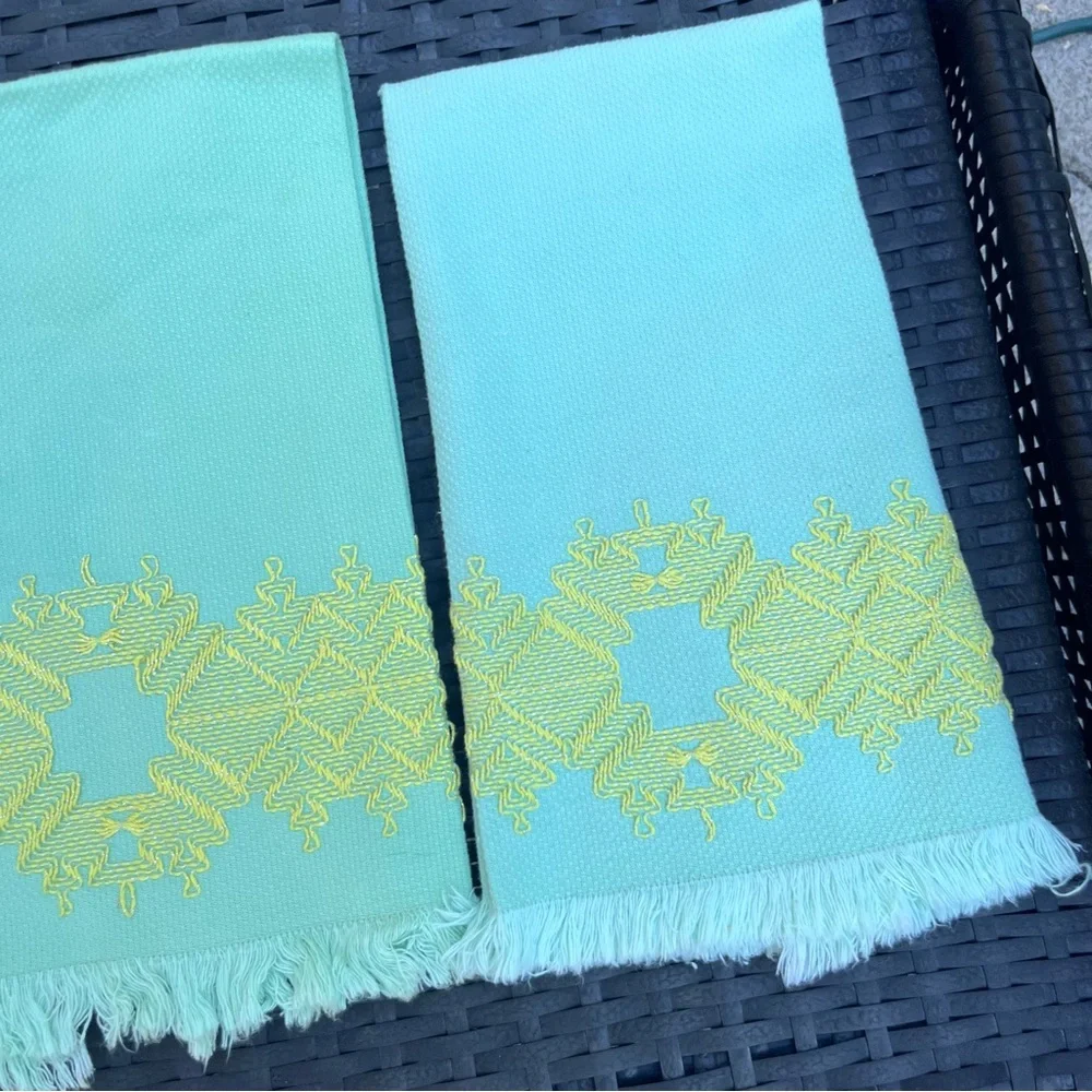 Two Vintage Tea Towels Cloth Aqua and Yellow Embroidered